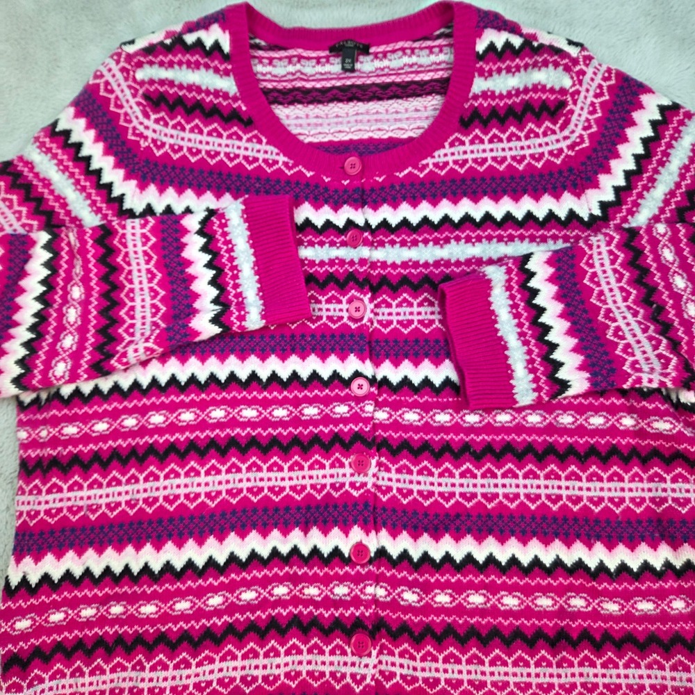 Talbots Lambswool Fair Isle Cardigan Women 2X Knit Button Front Pink White Black